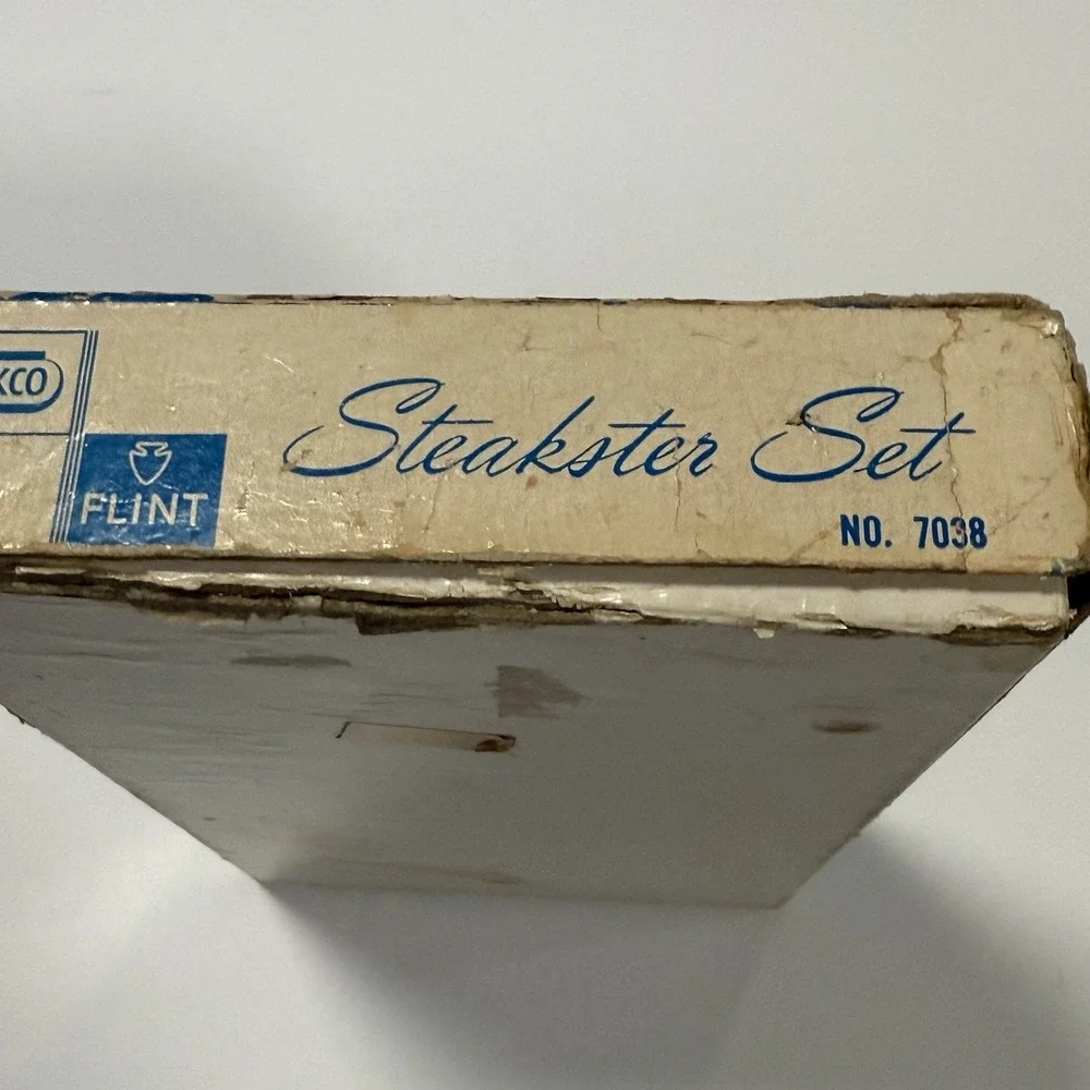 Ekco Flint Steakster Set 7 Steak Knives Stainless Vanadium Wood Holder Orig Box